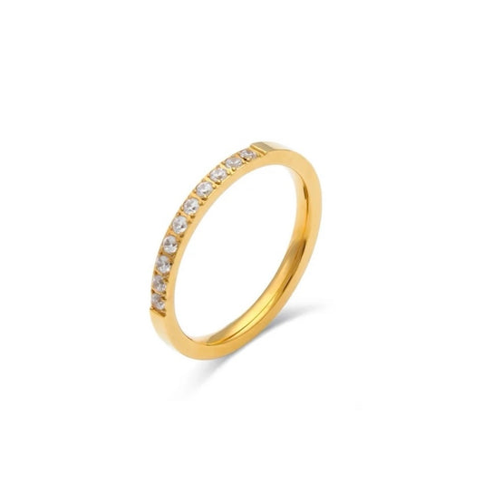 Waterproof Gold Eternity Band Ring with cubic zirconia stone set on front of band going half way round the band