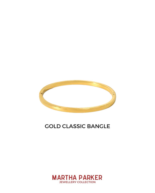 Classic gold bangle, 4mm width, crafted from durable stainless steel with PVD gold plating. Tarnish-proof for lasting shine.